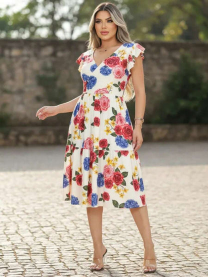 Vestido Feminino Longo com Manga Dupla e Babados