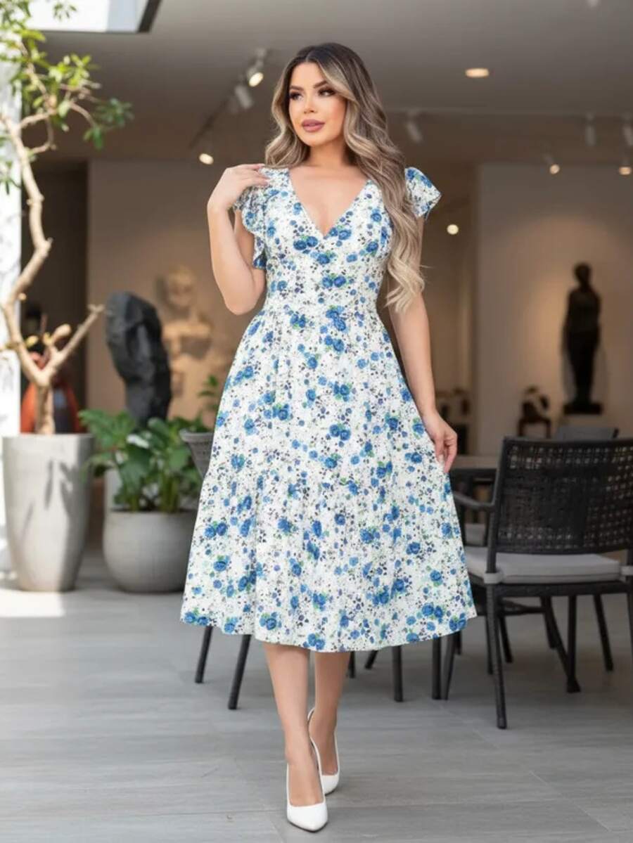 Vestido Feminino Longo com Manga Dupla e Babados