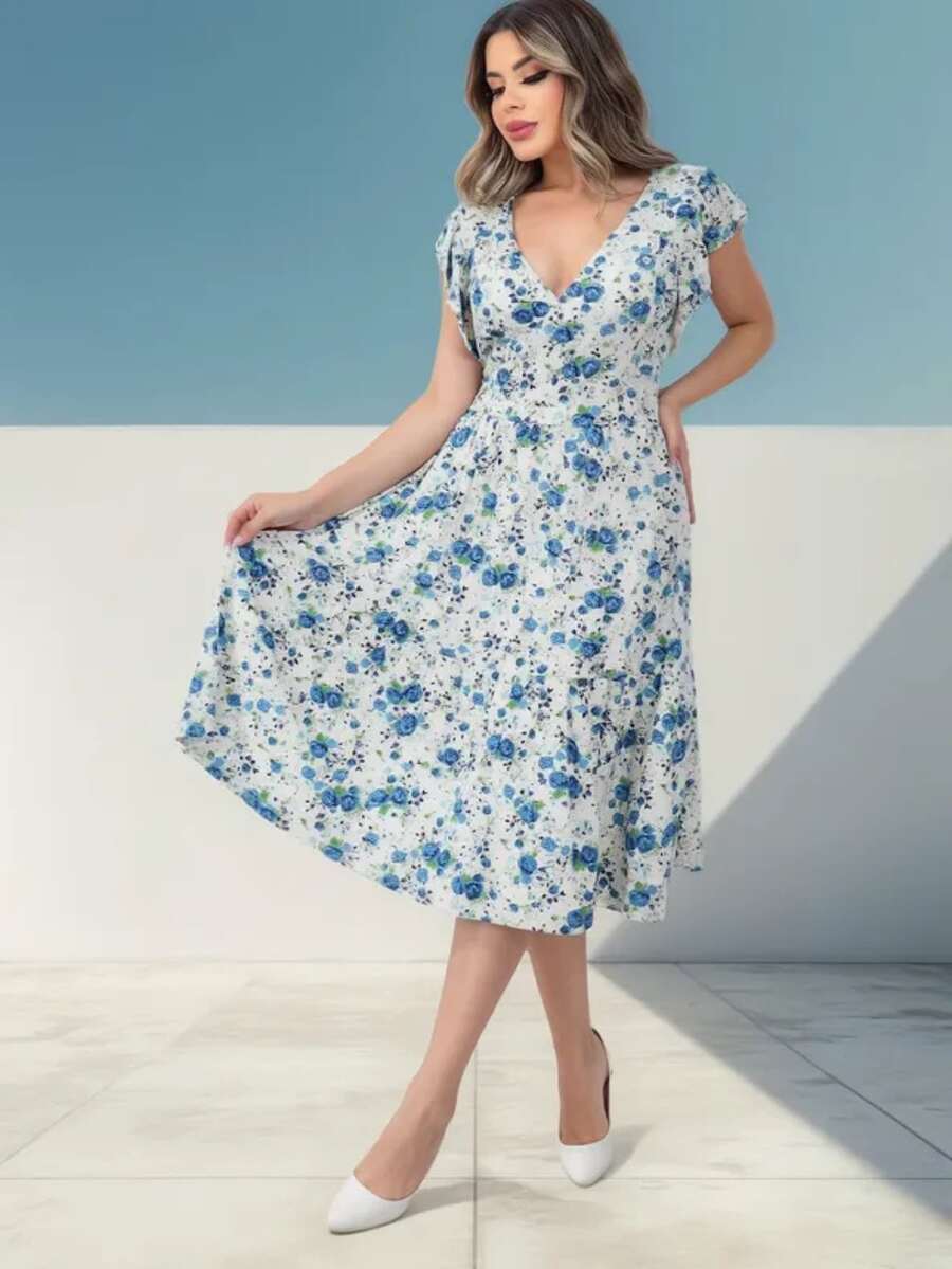 Vestido Feminino Longo com Manga Dupla e Babados