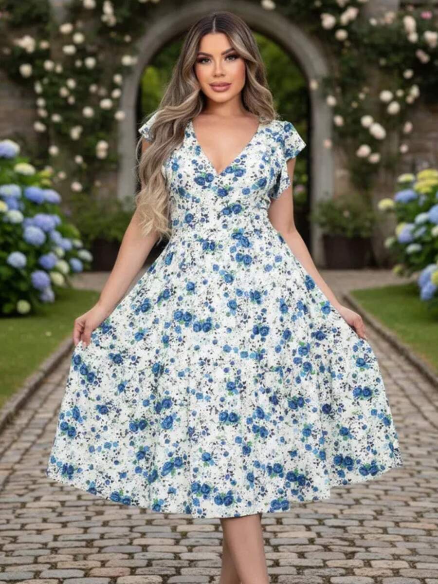 Vestido Feminino Longo com Manga Dupla e Babados