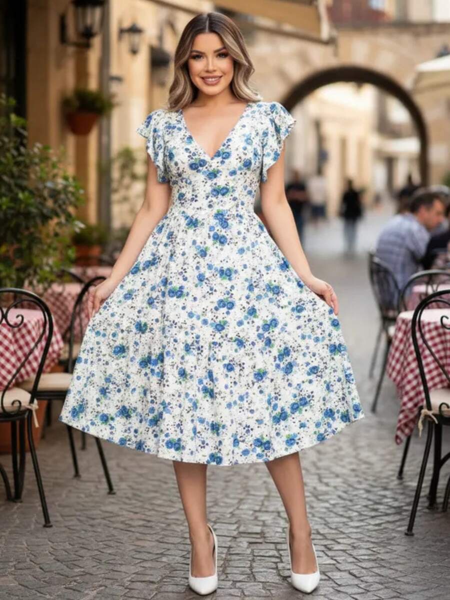 Vestido Feminino Longo com Manga Dupla e Babados