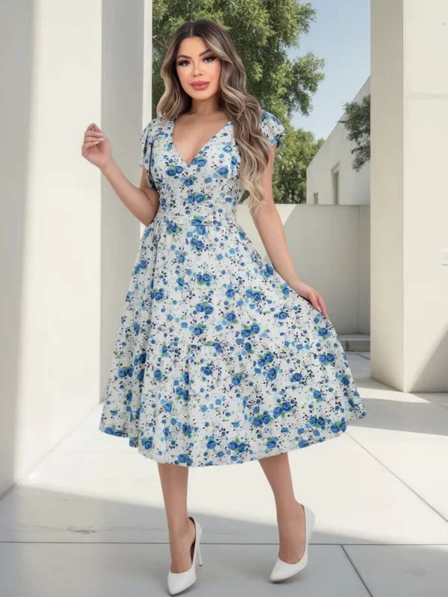 Vestido Feminino Longo com Manga Dupla e Babados