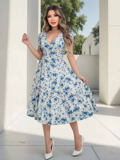 Vestido Feminino Longo com Manga Dupla e Babados