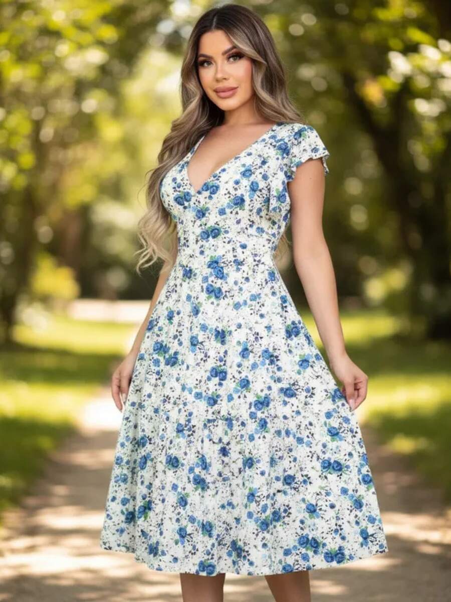 Vestido Feminino Longo com Manga Dupla e Babados