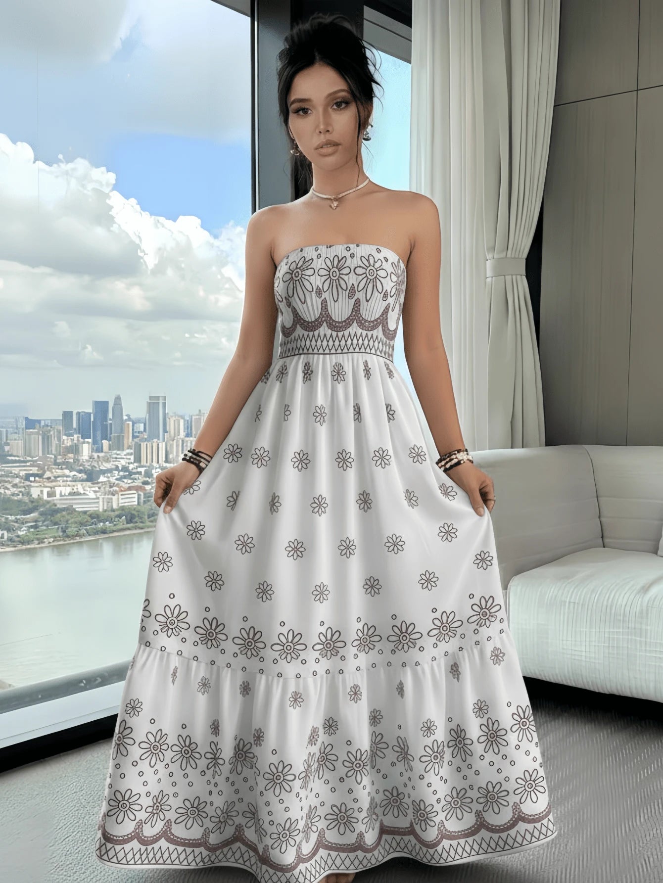 Vestido Tubinho Feminino Longo Estampa Barroco