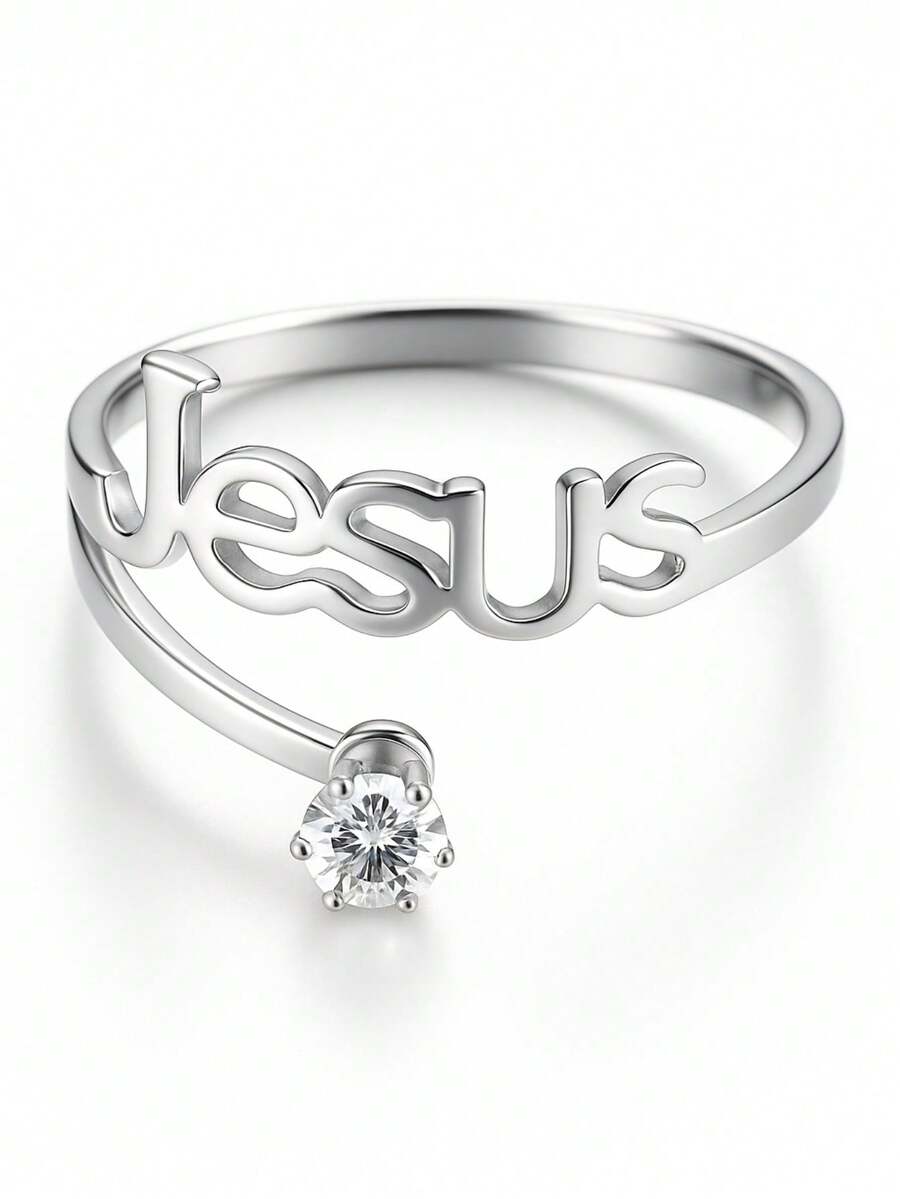 Anel de Prata Jesus Vazado com Pedra de Zircônia Branca 2mm