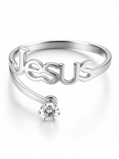 Anel de Prata Jesus Vazado com Pedra de Zircônia Branca 2mm