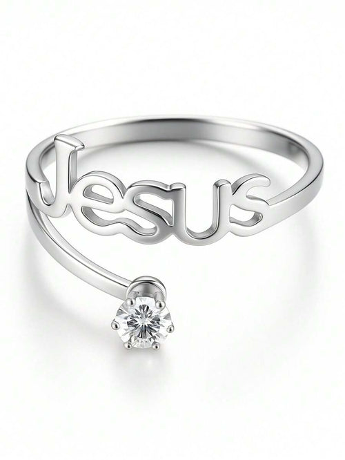 Anel de Prata Jesus Vazado com Pedra de Zircônia Branca 2mm