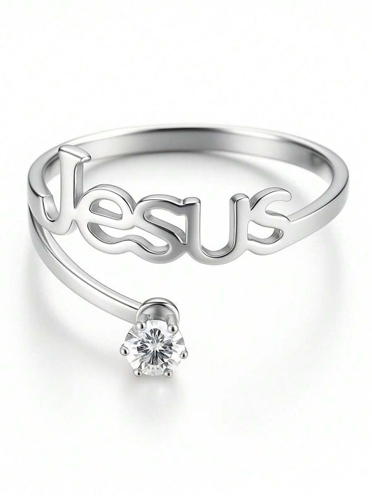 Anel de Prata Jesus Vazado com Pedra de Zircônia Branca 2mm