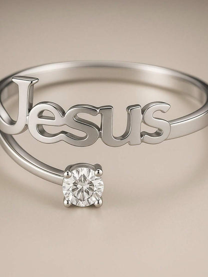 Anel de Prata Jesus Vazado com Pedra de Zircônia Branca 2mm