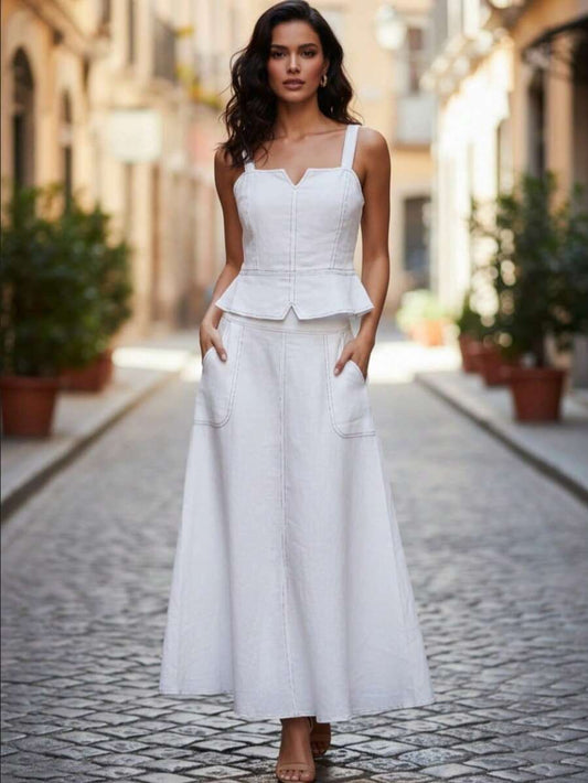 Conjunto Caroline Feminino – Saia Longa e Cropped com Alcinha e Bolso