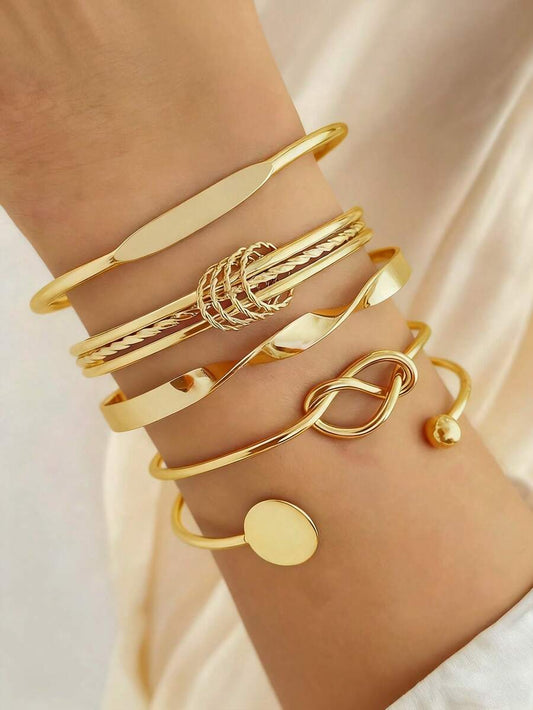 Conjunto de 5 Pulseiras Femininas Geométricas Douradas