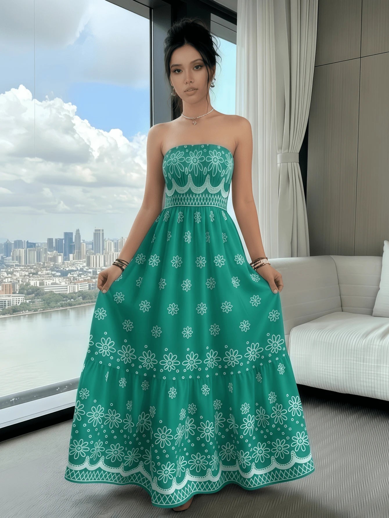 Vestido Tubinho Feminino Longo Estampa Barroco