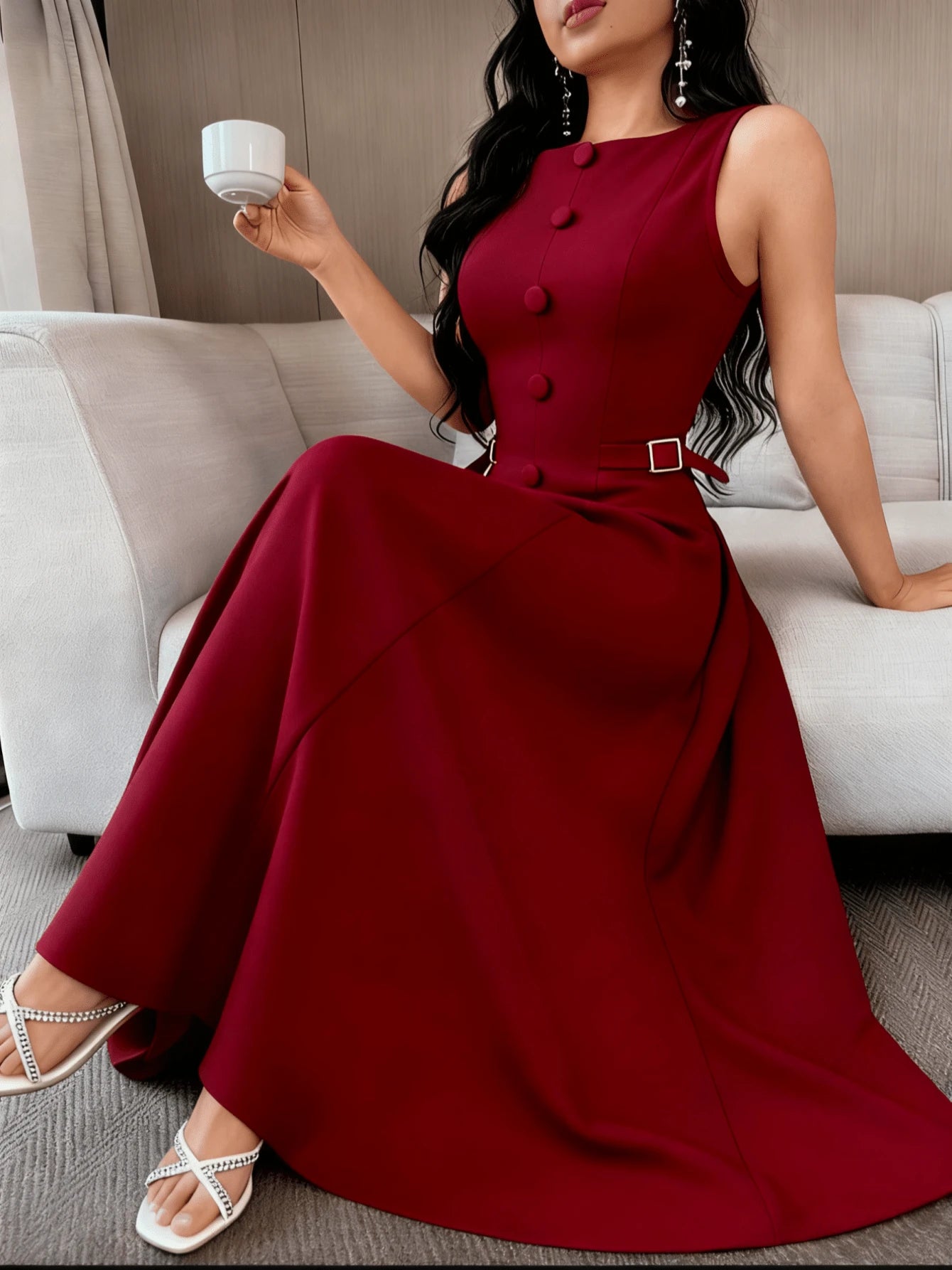 Vestido Elegante Feminino de Cor Sólida