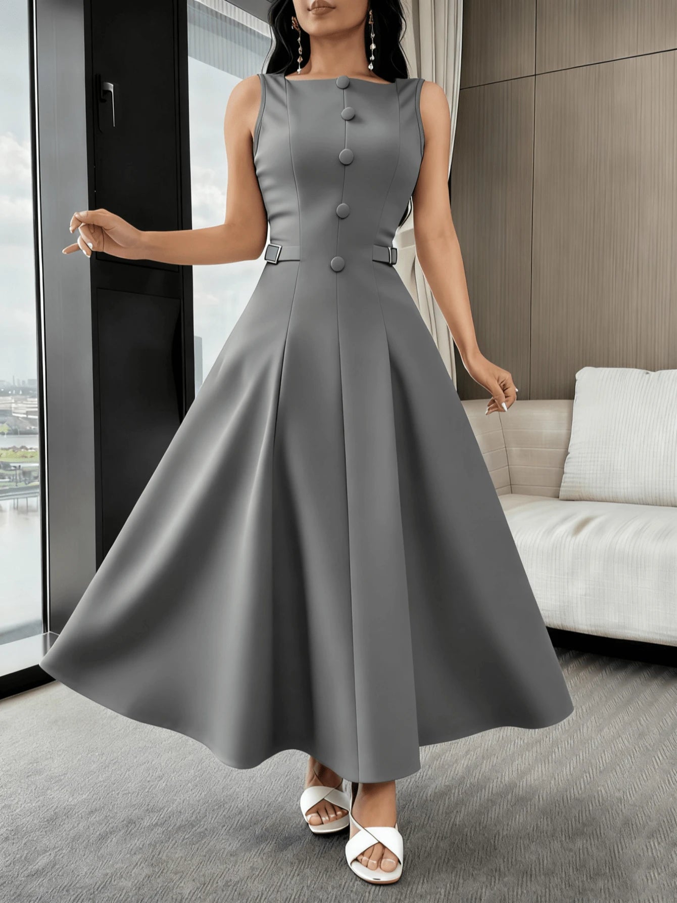 Vestido Elegante Feminino de Cor Sólida