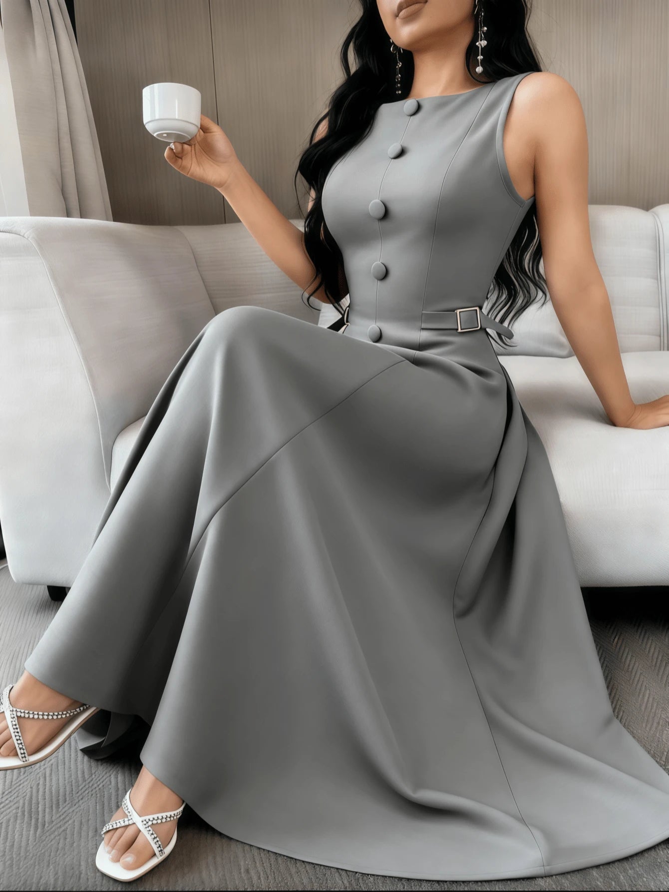Vestido Elegante Feminino de Cor Sólida