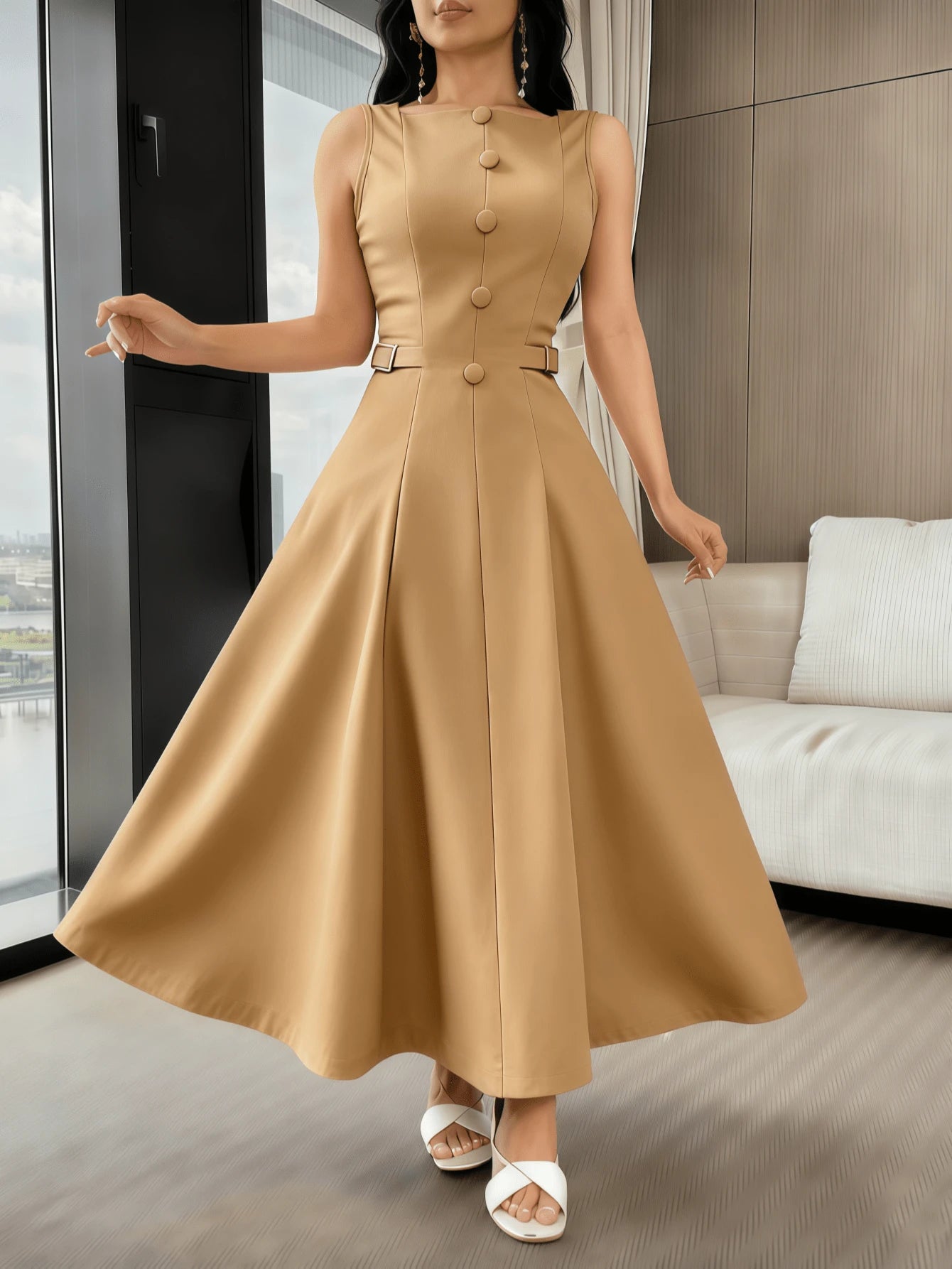 Vestido Elegante Feminino de Cor Sólida