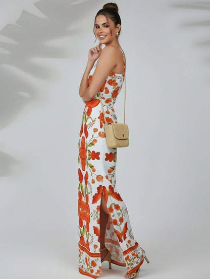 Vestido Feminino Longo com Fenda Lateral Estampa Floral