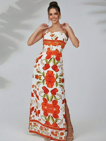 Vestido Feminino Longo com Fenda Lateral Estampa Floral