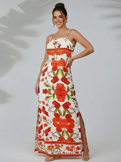 Vestido Feminino Longo com Fenda Lateral Estampa Floral