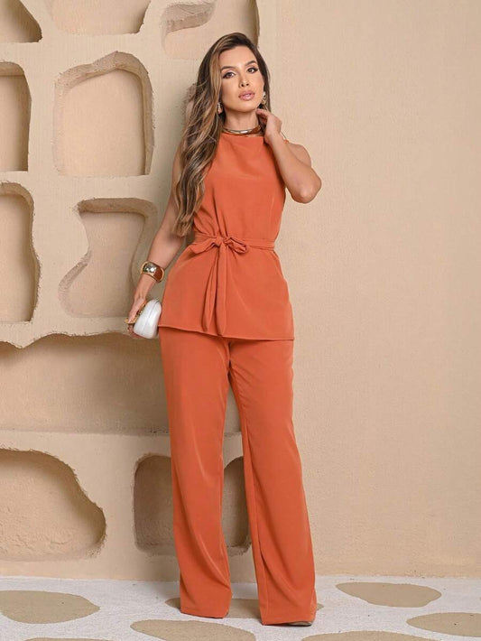 Conjunto Feminino Blusa e Calça Forrada com Cinto