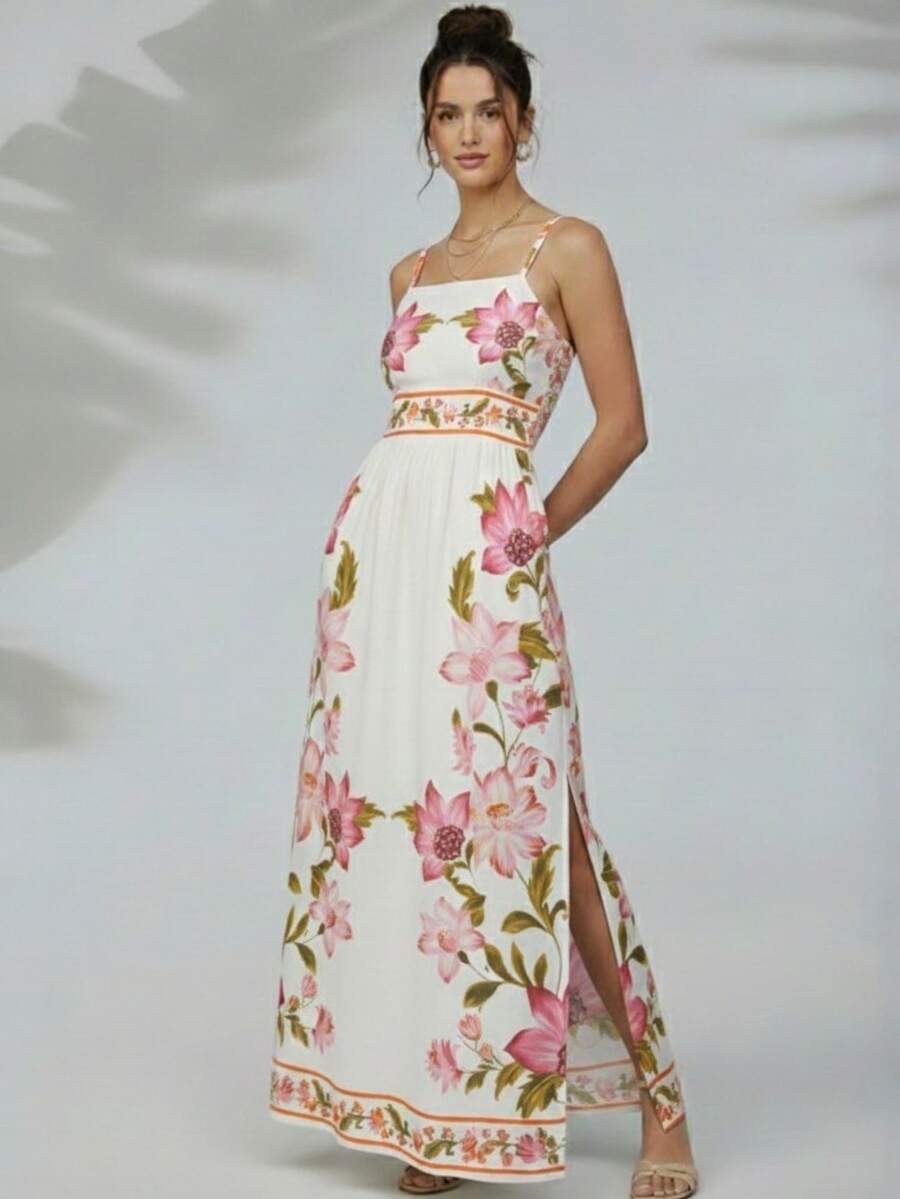 Vestido Feminino Longo com Fenda Lateral Estampa Floral