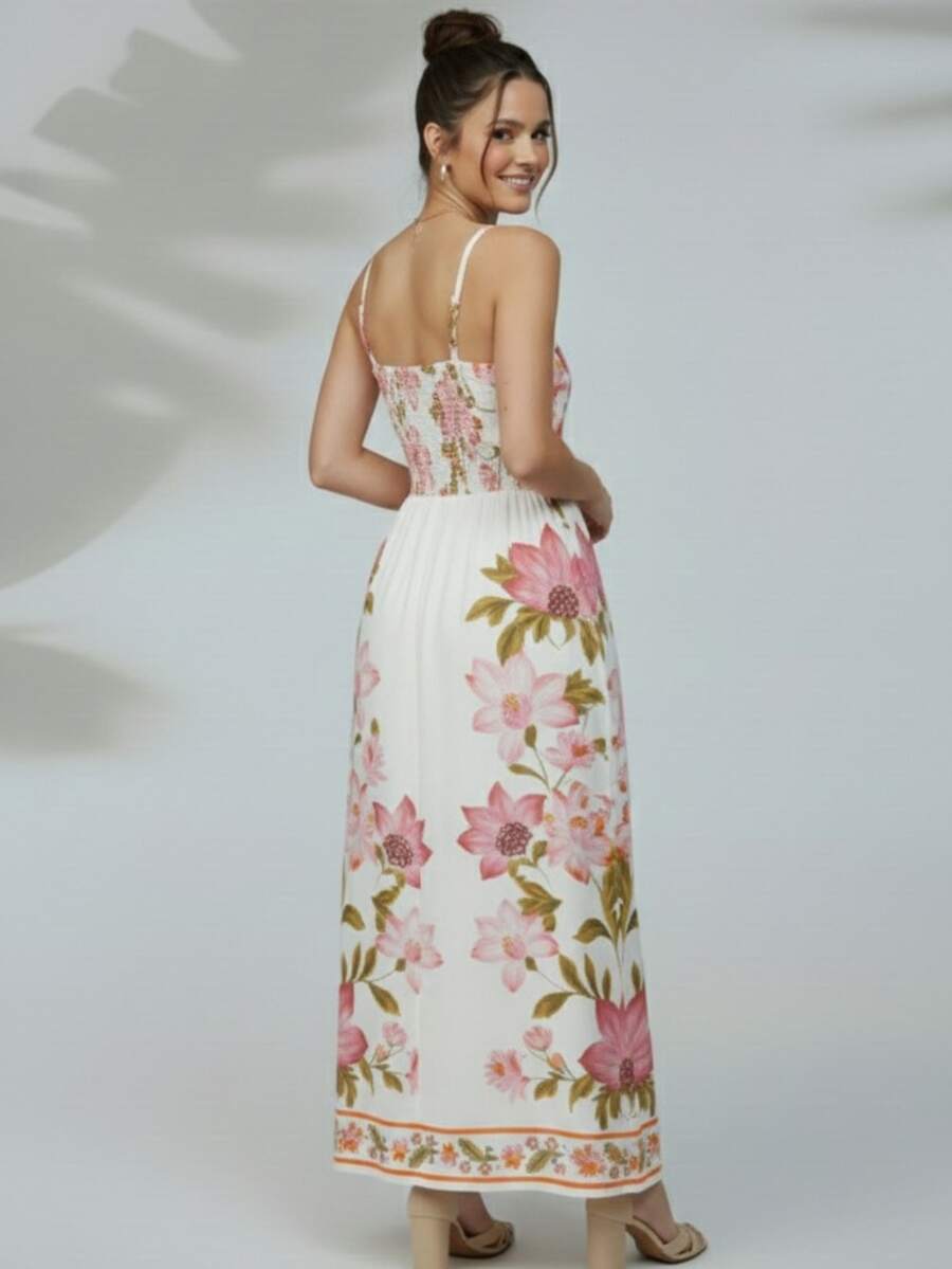 Vestido Feminino Longo com Fenda Lateral Estampa Floral