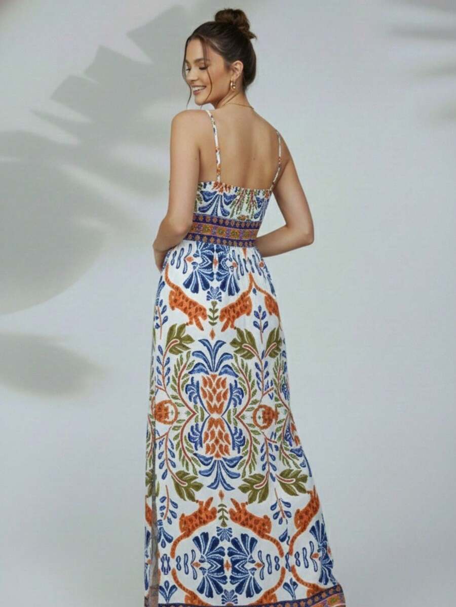 Vestido Feminino Longo com Fenda Lateral Estampa Floral