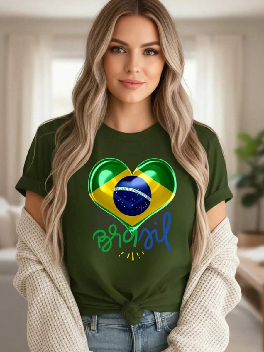 Camiseta Feminina em Algodão Brasil Copa do Mundo – T-Shirt Estampada