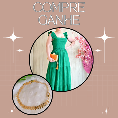 Na compra do Vestido Longo Luxo com Babado na Manga e Renda na Cintura, você ganha uma Pulseira Escama de Peixe