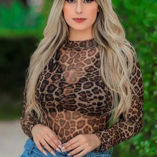 Body Tule Estampa Onça Animal Print Transparente Manga Longa