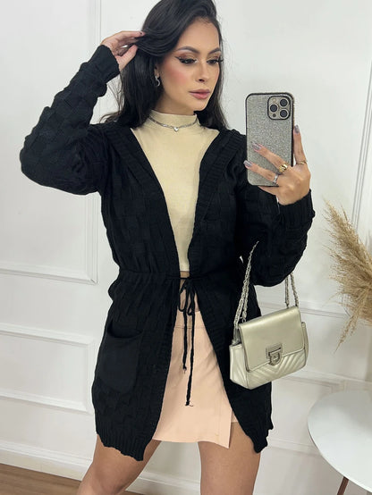 Cardigan Tricot Feminino com Capuz e Cordão