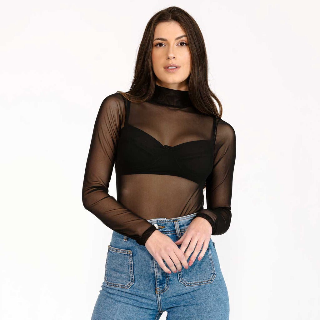 Body de Tule Gola Alta Moda Feminina Manga Longa Transparente