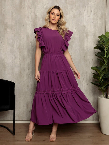 Vestido Longo Feminino Estilo Boho com Manga Esvoaçante e Babados