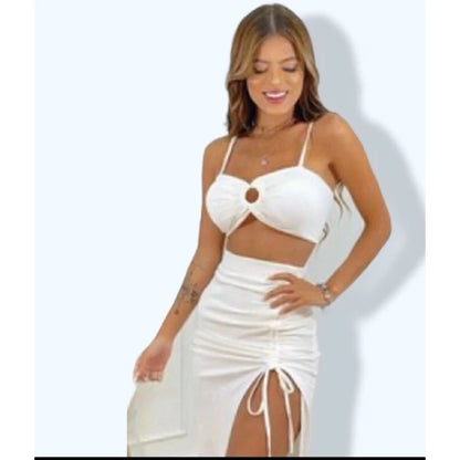 conjunto saia lápis fenda+top cropped alça