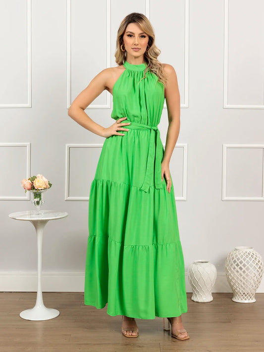 Vestido Longo Feminino Liso Gola Alta Três Marias com Cinto