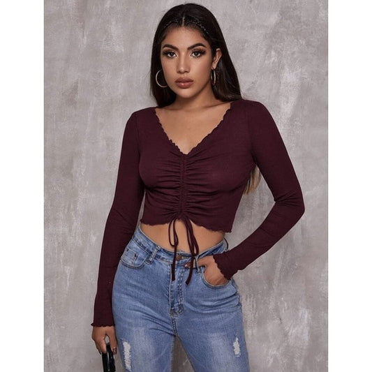 Cropped Feminino Drapeado Gringa  Manga Longa
