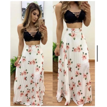 Saia Plissada Longa Elegante Cintura Alta