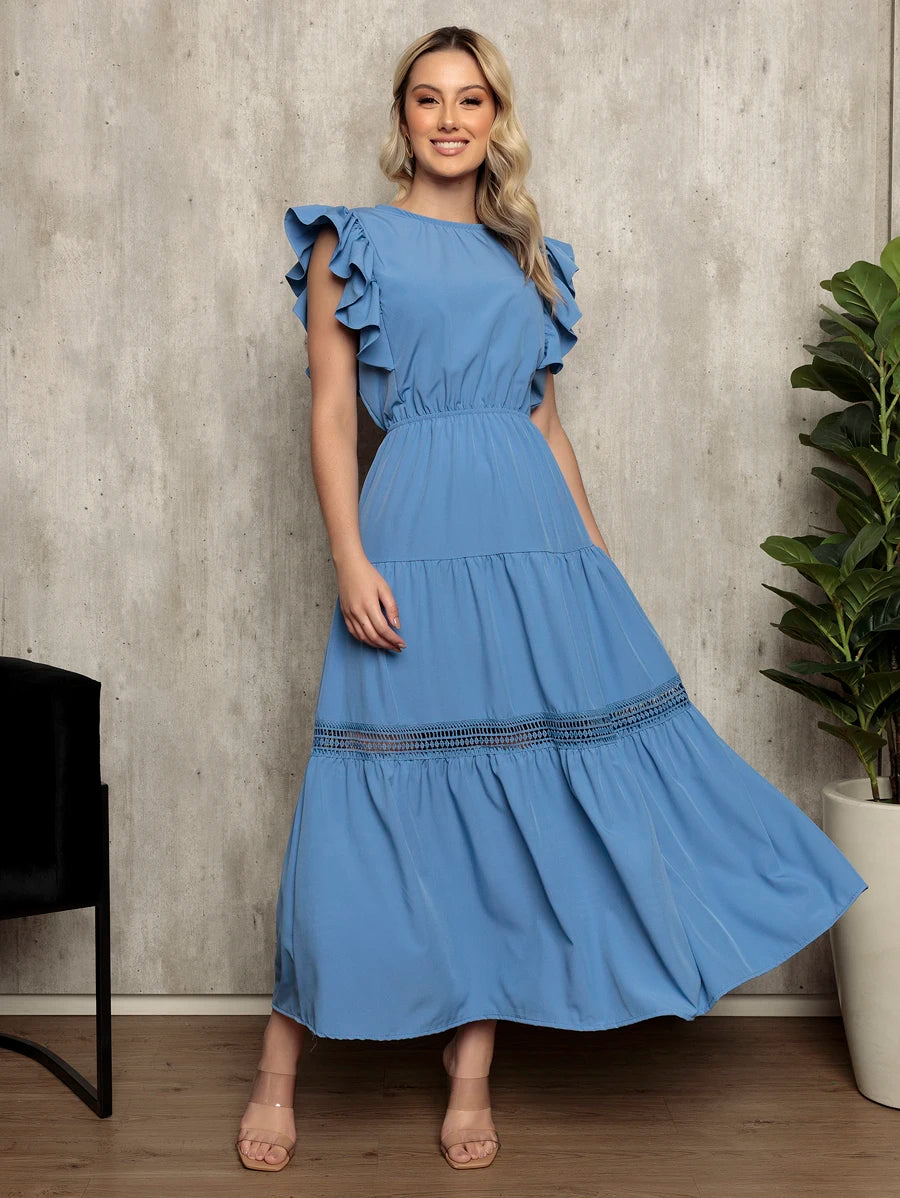 Vestido Longo Feminino Estilo Boho com Manga Esvoaçante e Babados