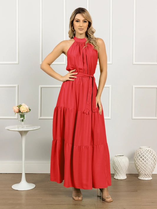 Vestido Longo Feminino Liso Gola Alta Três Marias com Cinto