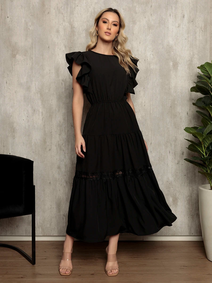 Vestido Longo Feminino Estilo Boho com Manga Esvoaçante e Babados