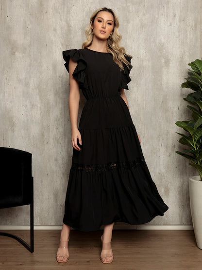 Vestido Longo Feminino Estilo Boho com Manga Esvoaçante e Babados