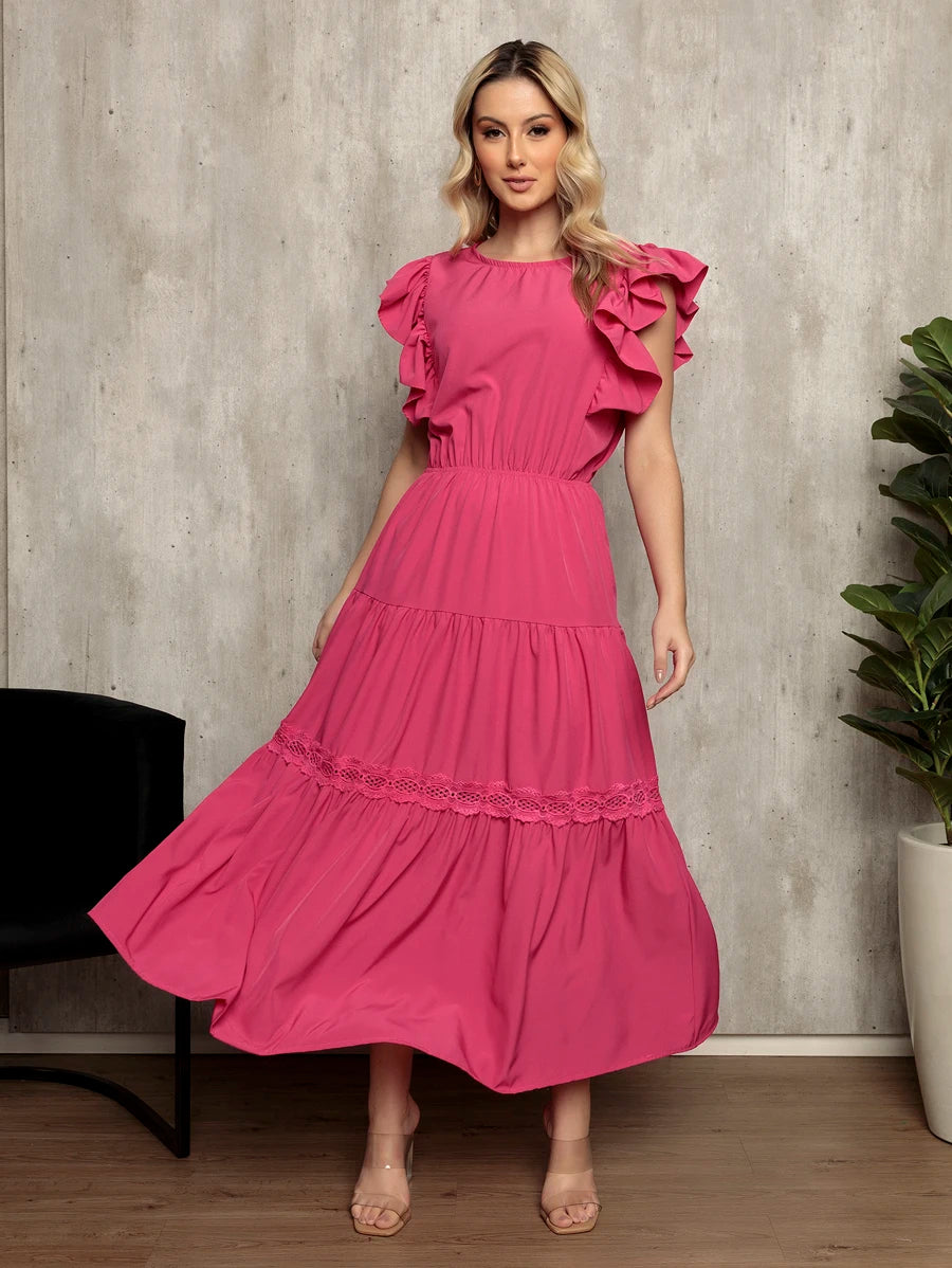 Vestido Longo Feminino Estilo Boho com Manga Esvoaçante e Babados