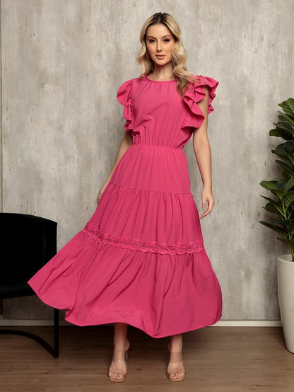 Vestido Longo Feminino Estilo Boho com Manga Esvoaçante e Babados