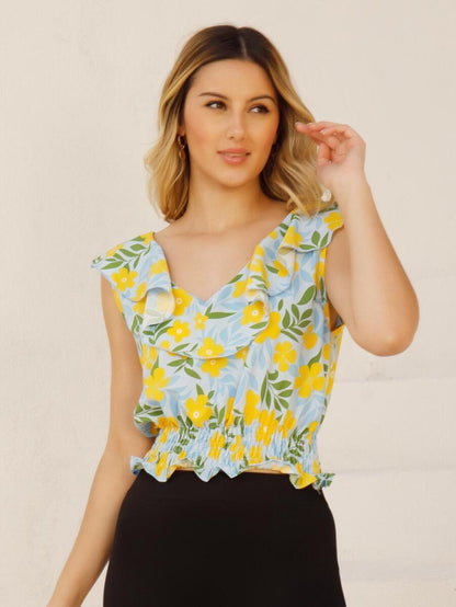 Cropped Feminino Florido com Lastex e Babado