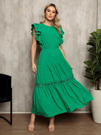 Vestido Longo Feminino Estilo Boho com Manga Esvoaçante e Babados