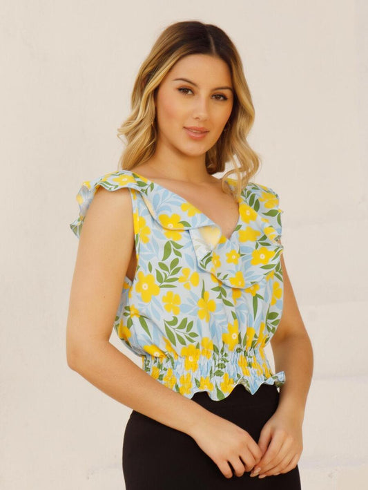 Cropped Feminino Florido com Lastex e Babado
