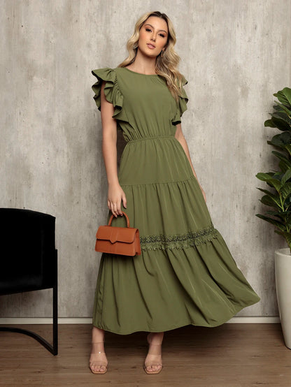 Vestido Longo Feminino Estilo Boho com Manga Esvoaçante e Babados