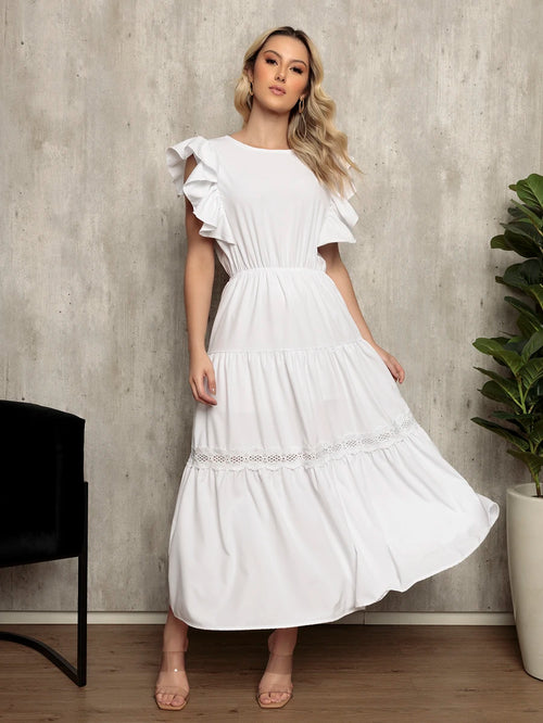 Vestido Longo Feminino Estilo Boho com Manga Esvoaçante e Babados