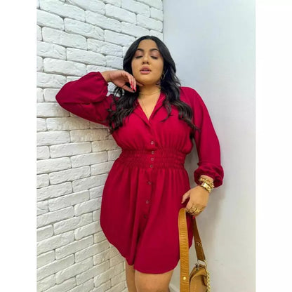 Chamise Manga Longa de Botões Lastex na Cintura, Vestido Feminino.